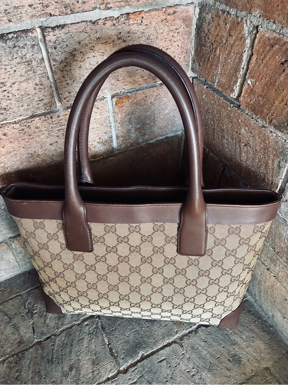 🤎 Gucci GG Logo Canvas Leather Tote Bag Brown Beige